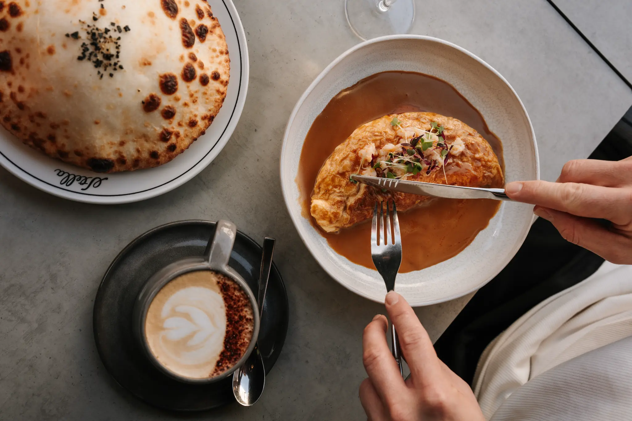 Brunch omelette, coffee and flatbread at Stella in South Yarra