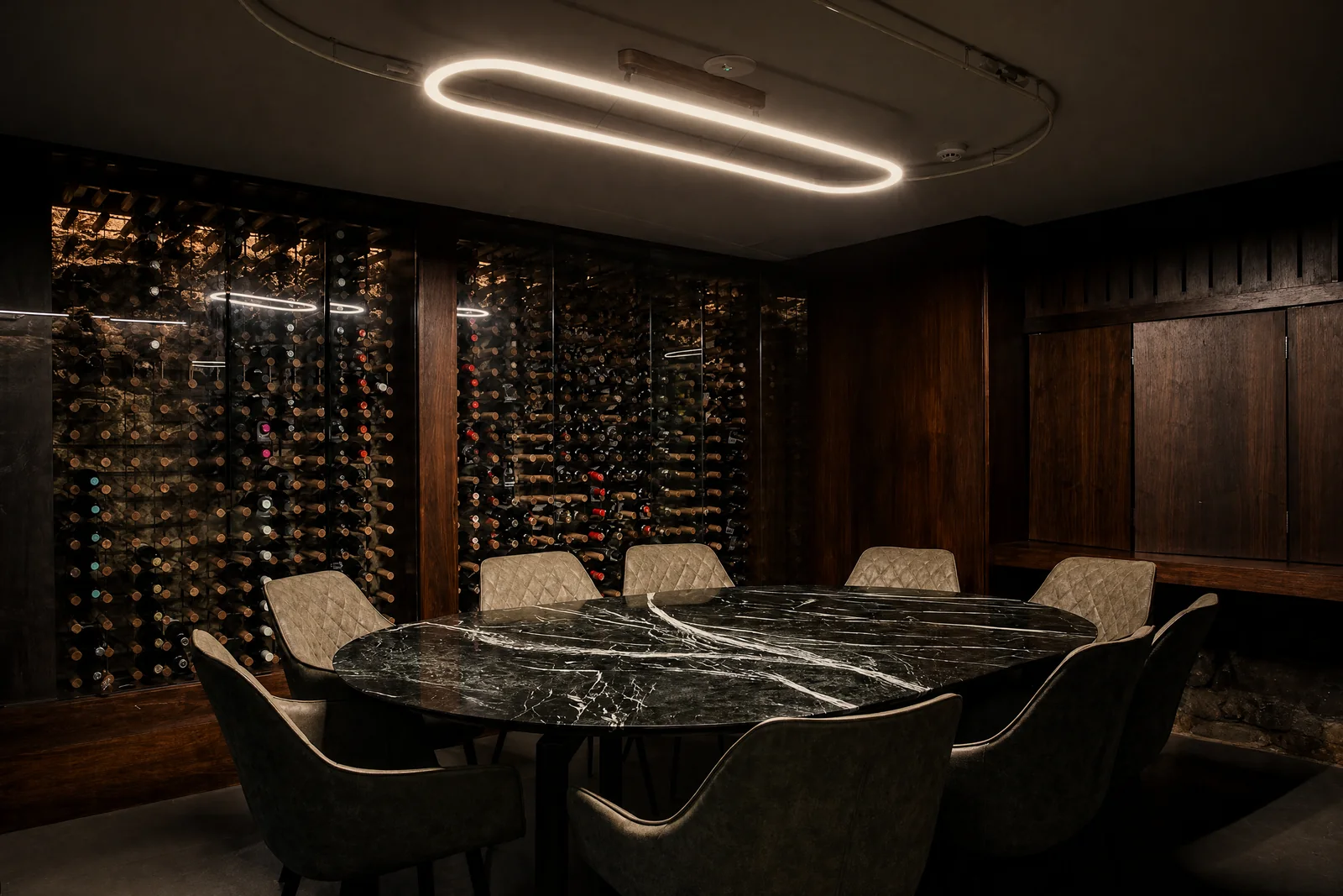 Stella Private Dining cellar with marble table and wine wall in South Yarra